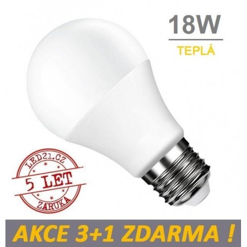 LED žárovka E27 18W SMD2835 1700 lm CCD TEPLÁ, 3+1 Zdarma
